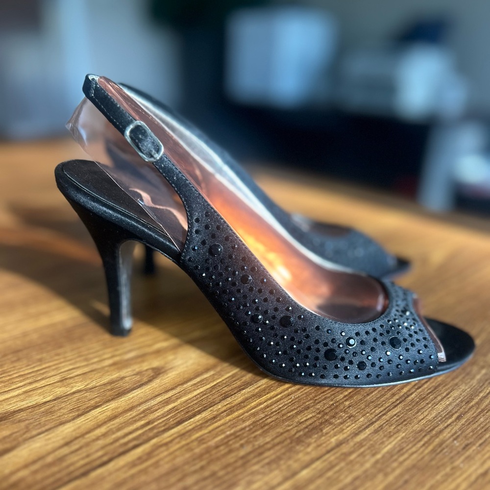 Black peep toe sling back heels